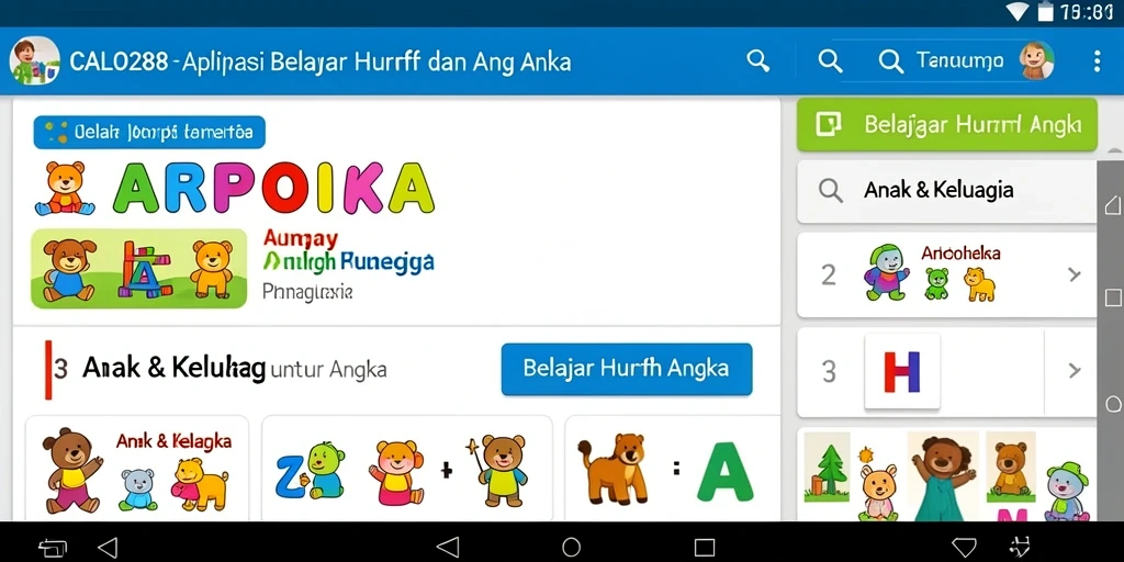 Antarmuka pengguna aplikasi belajar huruf dan angka yang menarik.