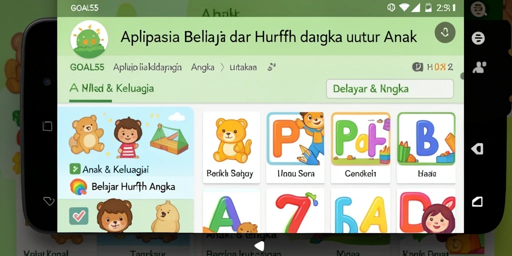 Tampilan antarmuka aplikasi GOAL55 untuk belajar huruf dan angka.