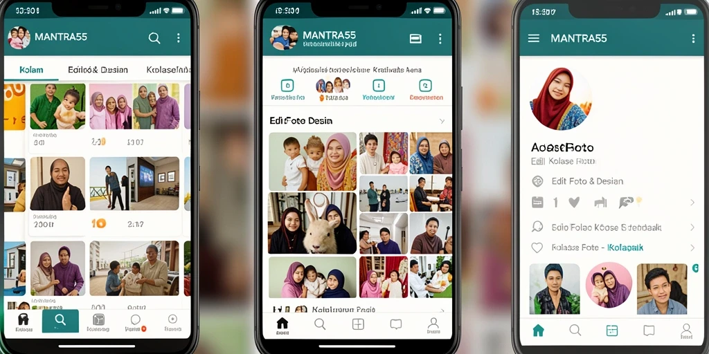 Tampilan antarmuka pengguna aplikasi MANTRA55 dengan fitur kolase foto yang menarik.